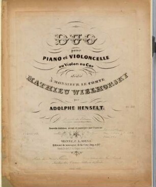 Duo pour piano et violoncelle ou violon ou cor : oeuvre 14