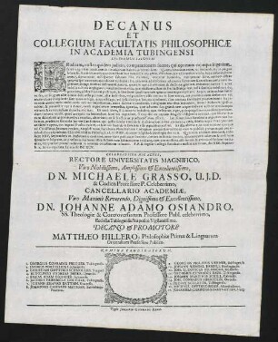 Decanus Et Collegium Facultatis Philosophicae In Academia Tubingensi Lectoribus Salutem