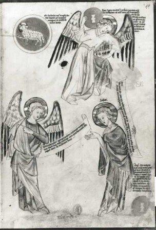 19. Judaskuß & 19 a. Jakob tötet Abner (Lamm Gottes) : 19. Judaskuß & 19 a. Jakob tötet Abner (Lamm Gottes). Illustration zu "Biblia pauperum und Apokalypsis", fol. 19r. Feder, aquarelliert, Pergament, 48,0 x 33,0 cm. Erfurt, um 1350. Klassik Stiftung Weimar, Herzogin Anna Amalia Bibliothek Fol.max.4