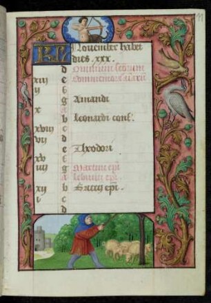 Kalendar: November; Monatsbild: Viehhirte; Tierkreiszeichen Schütze; Trompe l'oeil-Rahmen mit Rankenästen und Vögeln