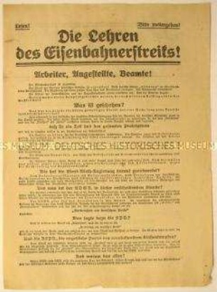 Programmatischer Agitations- und Beitrittsaufruf der Kommunistischen Partei Deutschlands anlässlich des zerschlagenen Eisenbahnerstreiks