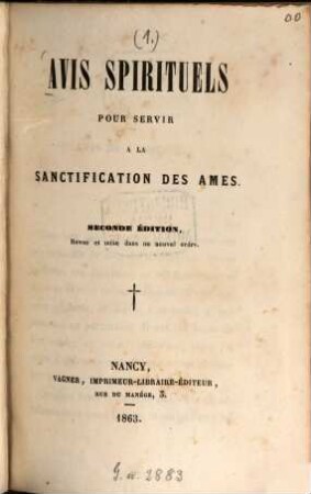Avis Spirituels pour servir à la sanctification des Âmes