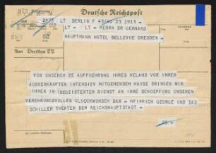 Brief von Heinrich George von Schiller-Theater  an Gerhart Hauptmann