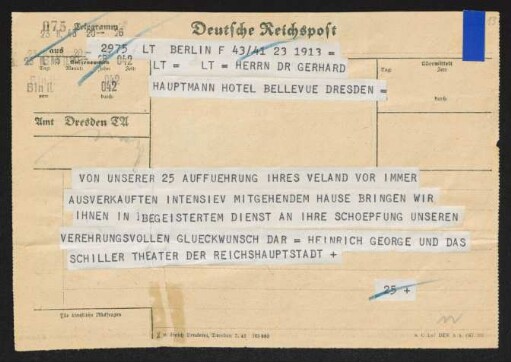Brief von Heinrich George von Schiller-Theater <Berlin> an Gerhart Hauptmann