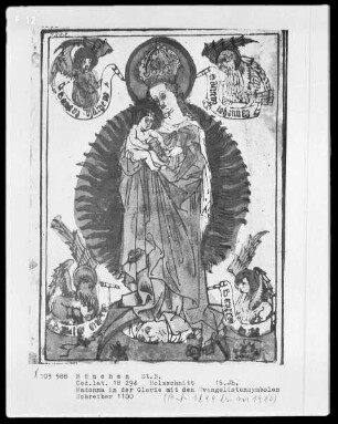 Zwei Buchillustrationen — Madonna in der Glorie umgeben von den Evangelistensymbolen