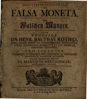 Dissertatio Inauguralis De Falsa Moneta