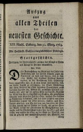 XIII. Nachl. Coburg, den 30. Merz, 1763.