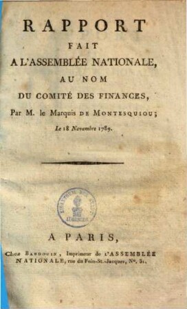 Rapport fait à l'assemblée nationale au nom du comité des finances le 18 Novembre 1789