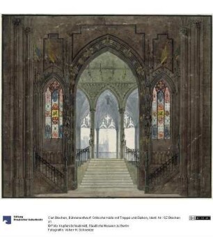Bühnenentwurf: Gotische Halle mit Treppe und Balkon