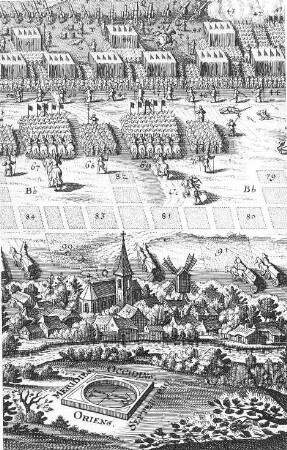 Rackwitz-Podelwitz. Ortsansicht mit Bockmühle, Ausschnitt aus der Darstellung der Schlacht bei Breitenfeld 1631, Kupferstich