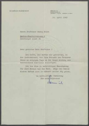Brief von Erich Raemisch an Georg Kolbe