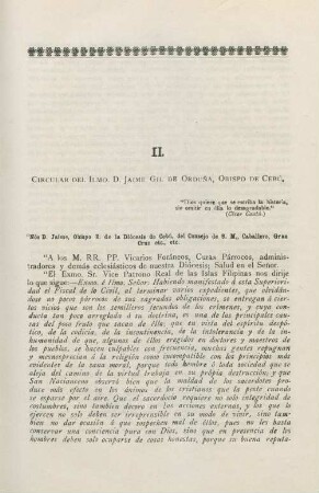 II. Circular del Ilmo. D. Jaime Gil de Orduna, Obispo de Cebú