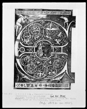 Psalterium mit Kalendarium — Initiale E (xultate), darin David am Glockenspiel, Folio 103recto