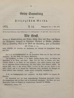 14. Gesetz wegen Abänderung einiger Bestimmungen des Volksschulgesetzes vom 26. Juni 1872. Vom 23. Juni 1874