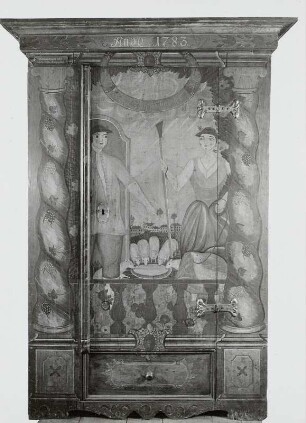 Eintüriger Kleiderschrank mit Darstellung von Jakob und Rahel