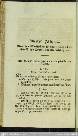 Vierter Abschnitt. Von den künstlichen Mauersteinen, dem Stoff, der Form, der Bereitung [et]c.