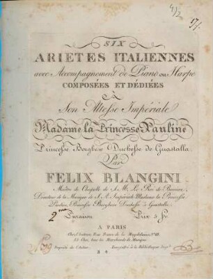 Six ariettes italiennes : avec accompt. de piano ou harpe. 2