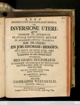 Dissertatio Inauguralis Medica, De Inversione Uteri