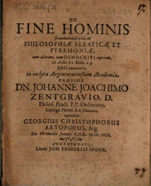 De fine hominis secundum disciplinam philosophiae Eleaticae et Pyrrhonicae, cum aliorum, tum Democriti inprimis