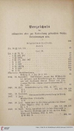 Verzeichnis der erläuterten oder zur Anwendung gebrachten Gesetze, Verordnungen usw.