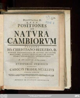 Dispvtatio II. Q.D.B.V. Positiones De Natvra Cambiorvm