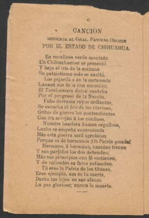 Canción. : Dedicada al Gral. Pascual Orozco por el Estado de Chihuahua.