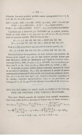 NOTE SUR UNE FORME DU RESTE DANS LA FORMULE DE TAYLOR, POUR LES FONCTIONS D'UNE VARIABLE IMAGINAIRE.