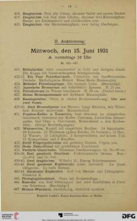 II. Auktionstag: Mittwoch, den 15. Juni 1921 (Nr. 421-849)