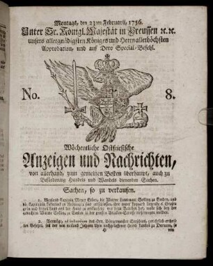 No. 8. Montags, den 23ten Februarii, 1756.