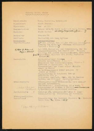 Stadttheater, Bochum: Schriftstück zum Fragebogen für das Handbuch »Das Deutsche Theater«