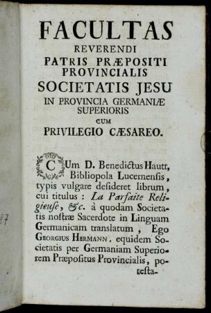 Facultas Reverendi Patris Præpositi Provincialis Societatis Jesu [...].
