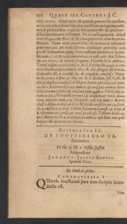 Disputatio IX. De Inofficioso Testamento ... Respondente Johanne-Jacobo Bontio Spirensi Nem.