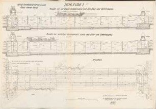 Rhein-Herne-Kanal. Schleuse 1, Duisburg-Meiderich: Ansichten, Grundriss 1:200