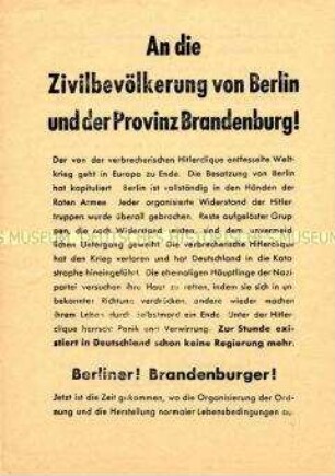 Informationsblatt der Roten Armee für die Bevölkerung von Berlin und Brandenburg mit der Aufforderung zur Meldung von Nazis und zur Wiederherstellung des normalen Lebens