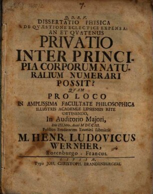 Dissertatio Physica De Qvæstione Eclectice Expensa: An Et Qvatenus Privatio Inter Principia Corporum Naturalium Numerari Possit?
