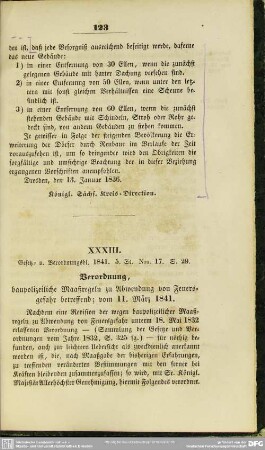 XXXIII. Verordnung, baupolizeiliche Maaßregeln zu Abwendung von Feuersgefahr betreffend; vom 11. März 1841