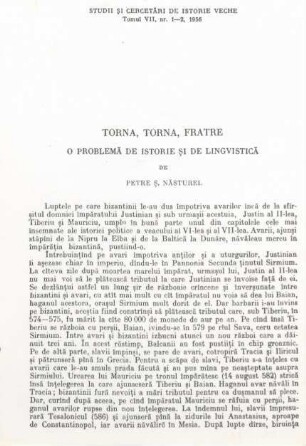 1-10, Torna, torna, fratre – O problemă de istorie şi de lingvistică