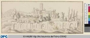 Befestigtes Dorf mit Campanile, im Vordergrund alte Substruktionen