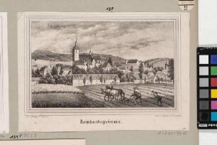 Ortsansicht von Reinhardtsgrimma (Glashütte) von Südosten mit der Kirche und dem Schlossturm (ganz rechts), aus Sachsens Kirchen-Galerie von Hermann Schmidt, 1. Ansicht