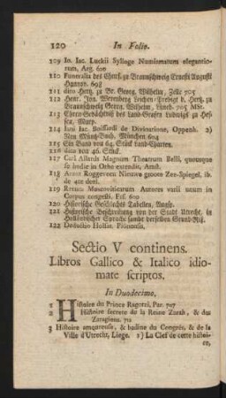 Sectio V continens. Libros Gallico & Italico idiomate scriptos.