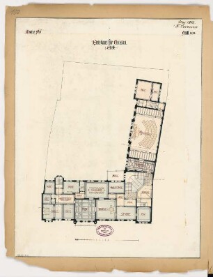 Landratsamt (Kreishaus), Prenzlau Monatskonkurrenz Mai 1883: Grundriss 1. Obergeschoss; Maßstabsleiste