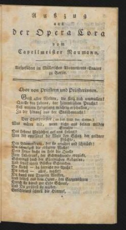 Auszug aus der Opera Cora vom Capellmeister Naumann.