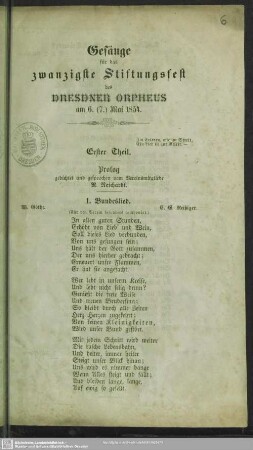 Gesänge für das zwanzigste Stiftungsfest des Dresdner Orpheus am 6. (7.) Mai 1854