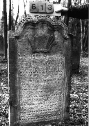 Grabstein 613 (Index: 99753133) Material: Sandstein Zustand: stark verwittert mit großem Textverlust Maße HxBxT: 123x69x10 cm Beschreibung: Stele, geschwungener Abschluß, Schriftfeld eingetieft Symbolik: Muschel: Grabstein 613