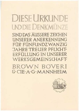 BBC (Brown, Boveri & Cie), Mannheim-Käfertal: Urkunde