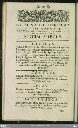 Corona Duodecima Regii Honoris, Exhibens Originem Ex Sanguine vetustissimorum Regum Sueciae
