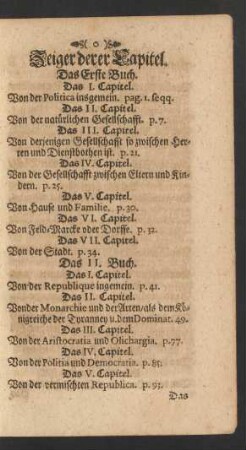 Zeiger derer Capitel.