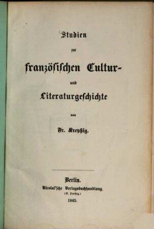 Studien zur französischen Cultur- und Literaturgeschichte