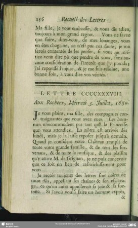 Lettre CCCCXXXVIII. Aux Rochers, Mécredi 3. Juillet, 1680