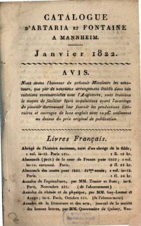 Catalogue d'Artaria & Fontaine à Mannheim, 1822, Januar